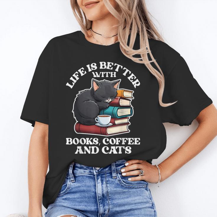 Life Is Better With Books Cats & Coffee Librarian Book Lover Unisex T-Shirt