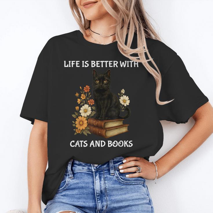 Life Is Better With Cats And Books Cute Cat Lover For Men Women Kids Unisex T-Shirt