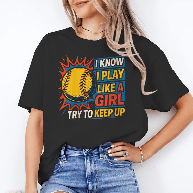 Women's Girls Softball Play Like A Girl Comic Book Pop Art Unisex T-Shirt