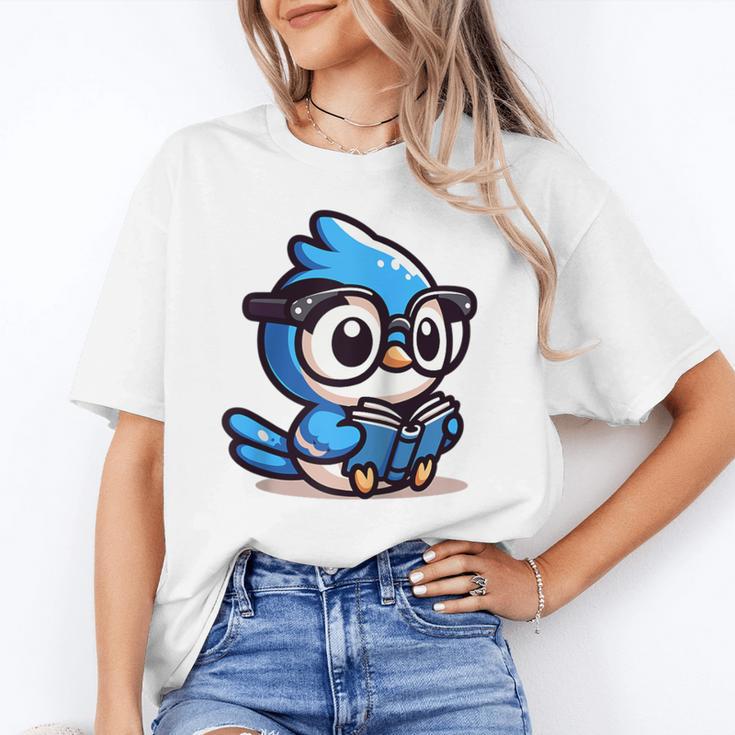 Adorable Book Lover Blue Jay With Reading Glasses Cute Raglan Baseball Tee Unisex T-Shirt
