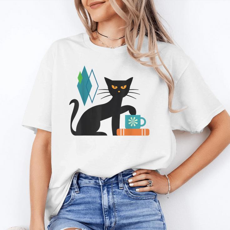 Cat Midcentury With Book And Coffee Atomic Age Mid Century Unisex T-Shirt