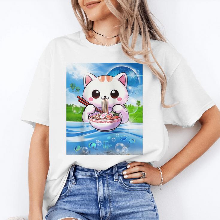 Frutiger Aero Aesthetic Tech Kawaii Ramen Cat Fishes Raglan Baseball Tee Unisex T-Shirt