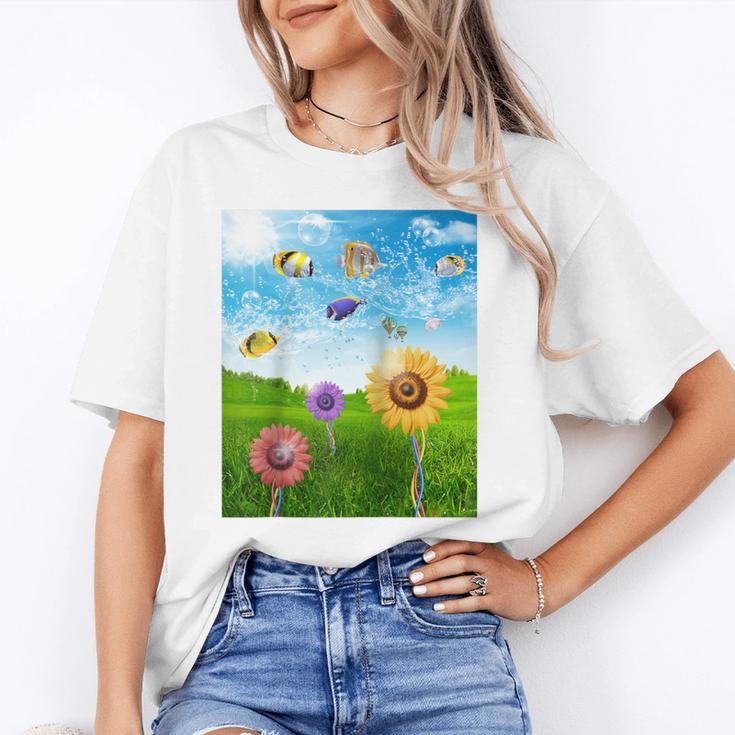 Frutiger Aero Aesthetic Tech Scenery Fishes Sunflower Raglan Baseball Tee Unisex T-Shirt Frutiger Aero Aesthetic Tech Scenery Fishes Sunflower Raglan Baseball Tee Unisex T-Shirt
