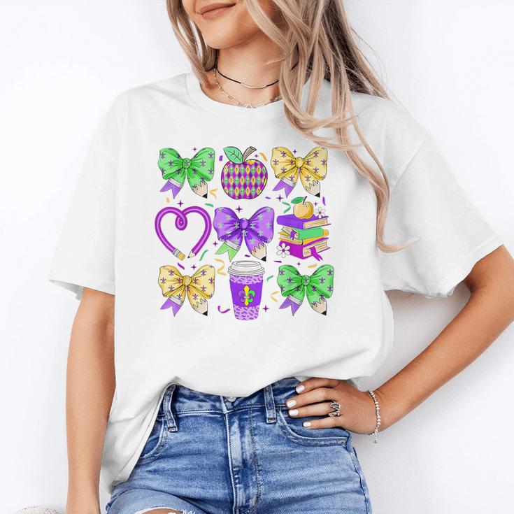 Mardi Gras Teacher Coquette Bow Pencil Apple Book Women Girl Unisex T-Shirt