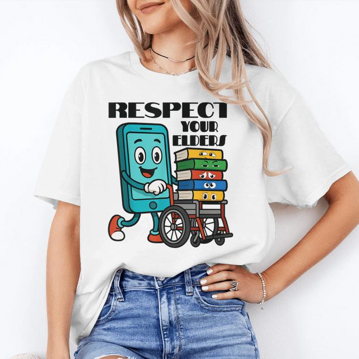 Respect Elders Cellphone Pushing Books In a Wheelchair Unisex T-Shirt Respect Elders Cellphone Pushing Books In a Wheelchair Unisex T-Shirt