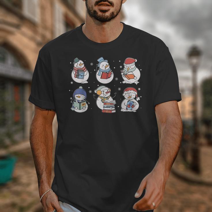 Book Lover Teacher Snowman Reading Books Christmas Winter Unisex T-Shirt