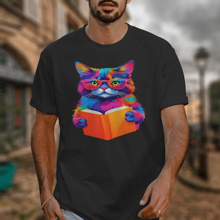 Cat Book Shirt Colorful Cat Reading Book Unisex T-Shirt