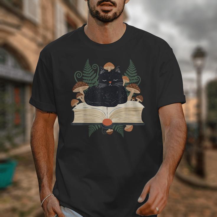 Cat On Open Book Mushrooms Ferns Dark Academia Unisex T-Shirt Cat On Open Book Mushrooms Ferns Dark Academia Unisex T-Shirt