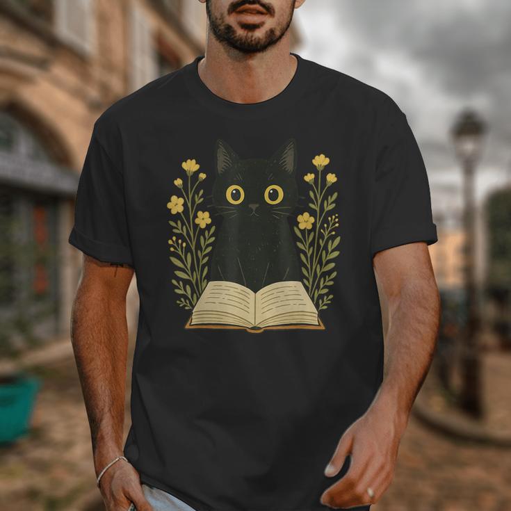 Cat Reading Book Flowers Unisex T-Shirt