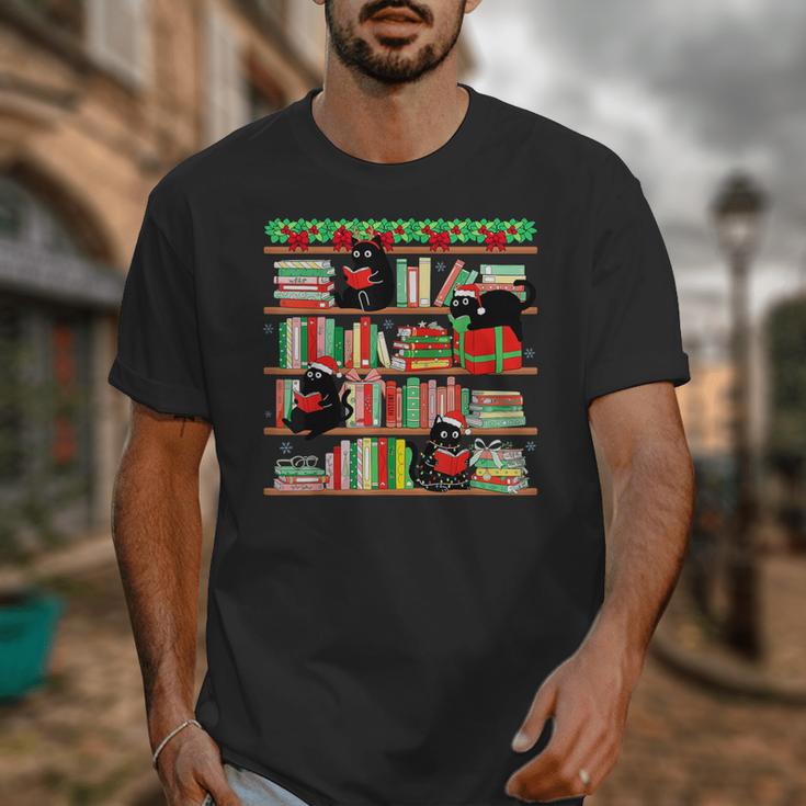 Christmas Cat Santa Bookshelves Book Lover Reader Unisex T-Shirt