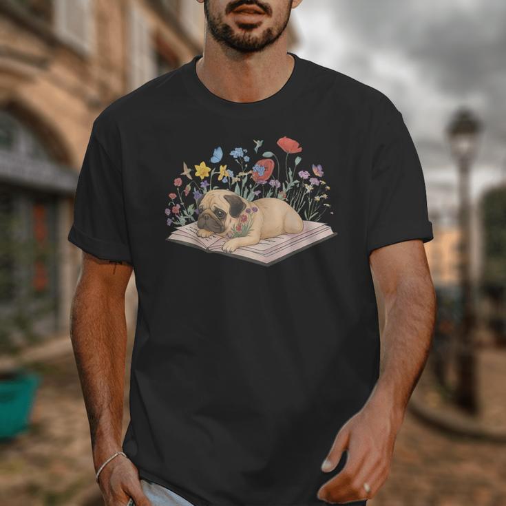 Color Floral Cute Pug Dog On Book Reading Bookworm Reader Unisex T-Shirt Color Floral Cute Pug Dog On Book Reading Bookworm Reader Unisex T-Shirt
