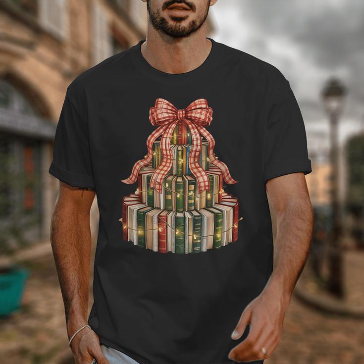 Coquette Christmas Book Tree Xmas Lights Librarian Teacher Unisex T-Shirt