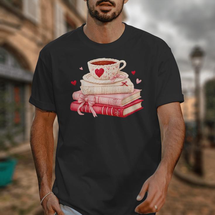 Cute Books And Coffee Crochet Valentines Day Tee For Couples Unisex T-Shirt