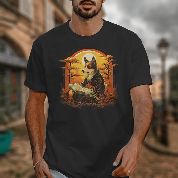 Cute Corgi Dog In Japanese Kimono With Book Men Women Girls Kids Unisex T-Shirt
