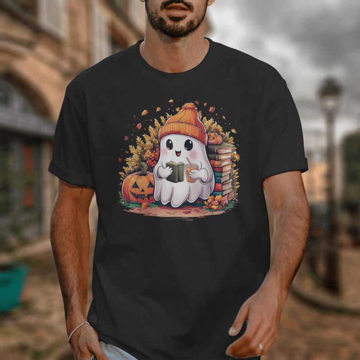 Cute Ghost Drinking Coffee Halloween Reading Book Retro Unisex T-Shirt Cute Ghost Drinking Coffee Halloween Reading Book Retro Unisex T-Shirt