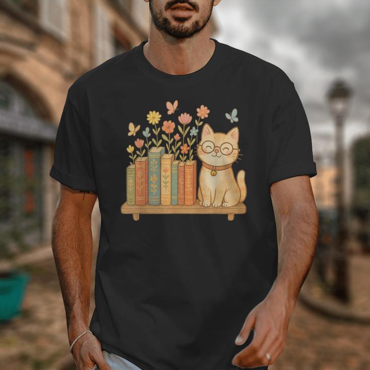 Cute Kawaii Cat Books Flowers Unisex T-Shirt Cute Kawaii Cat Books Flowers Unisex T-Shirt