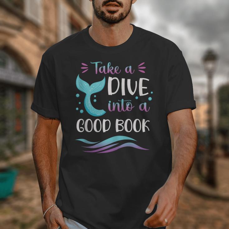Cute Mermaid Librarian Teacher Dive Into A Good Book Reading Unisex T-Shirt