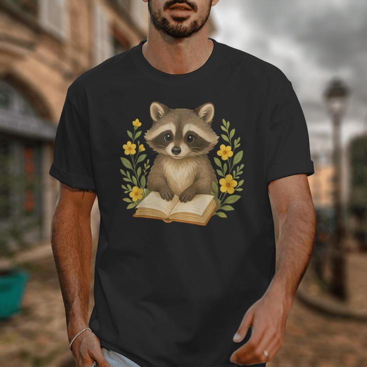 Cute Raccoon Reading Book Flowers Floral Unisex T-Shirt Cute Raccoon Reading Book Flowers Floral Unisex T-Shirt