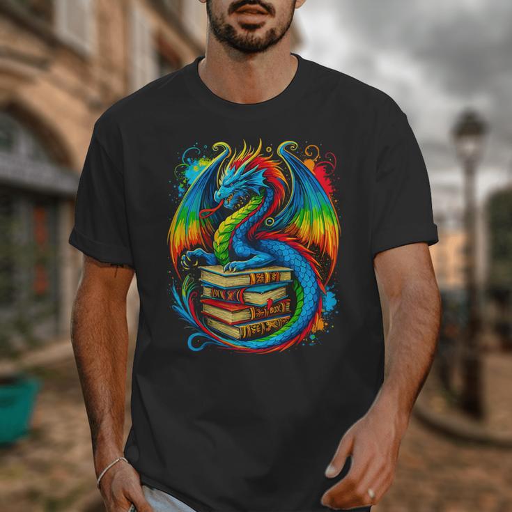 Dragon Reading Colorful Fantasy Book Lover Unisex T-Shirt