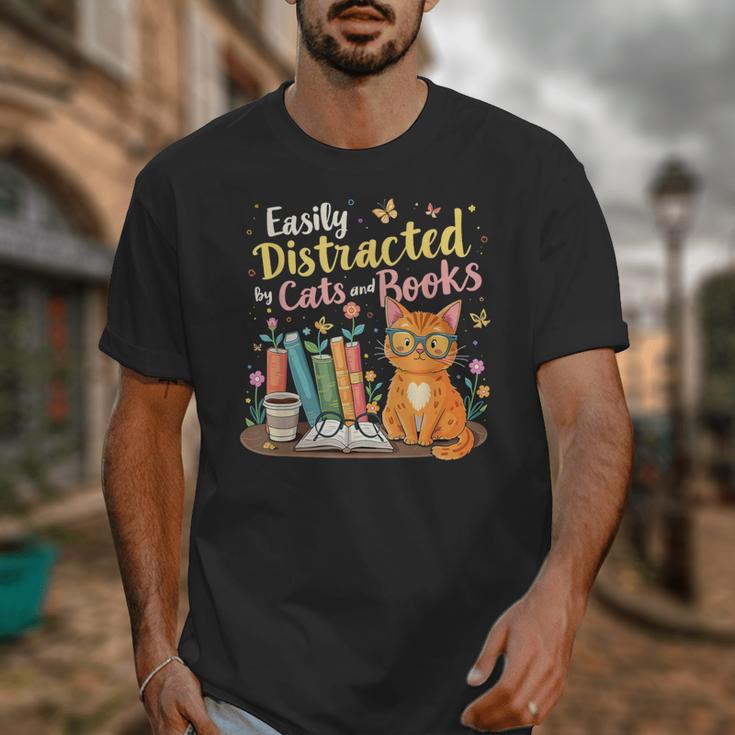 Easily Distracted By Cats And Books Book & Cat Lover Unisex T-Shirt