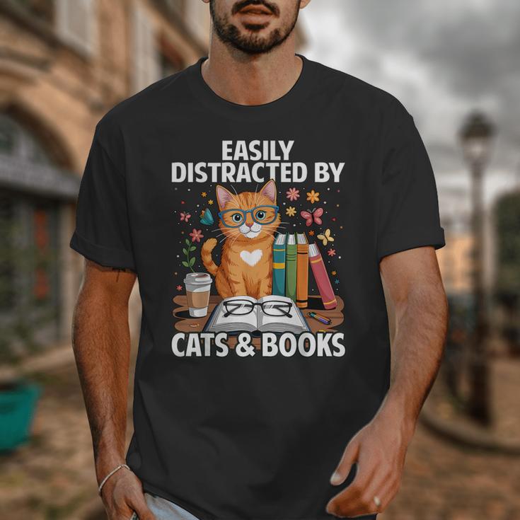 Easily Distracted By Cats And Books Book Lover Cat Unisex T-Shirt