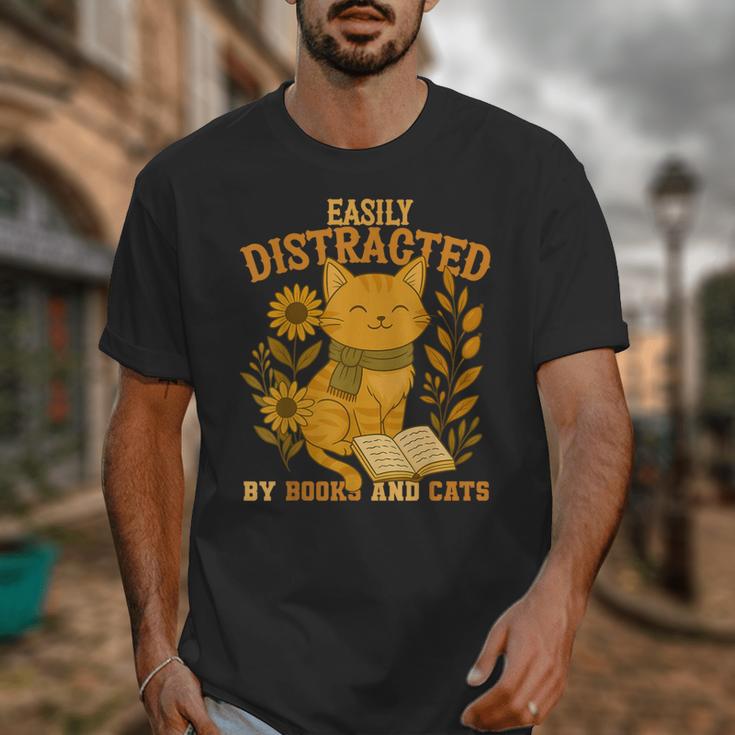 Easily Distracted By Cats And Books Cute Cat Book Lover Unisex T-Shirt