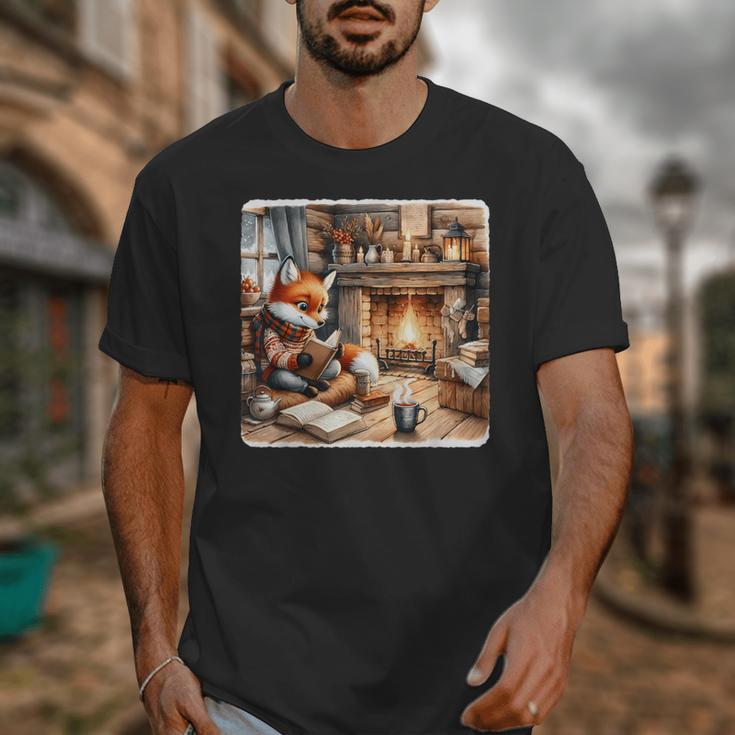 Fox Reads By Fireplace In Cabin Rustic Book Cozy Cup Tea Unisex T-Shirt