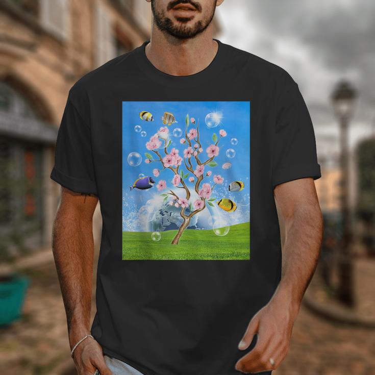 Frutiger Aero Aesthetic Tech Cherry Blossom Fishes Bubbles Unisex T-Shirt Frutiger Aero Aesthetic Tech Cherry Blossom Fishes Bubbles Unisex T-Shirt