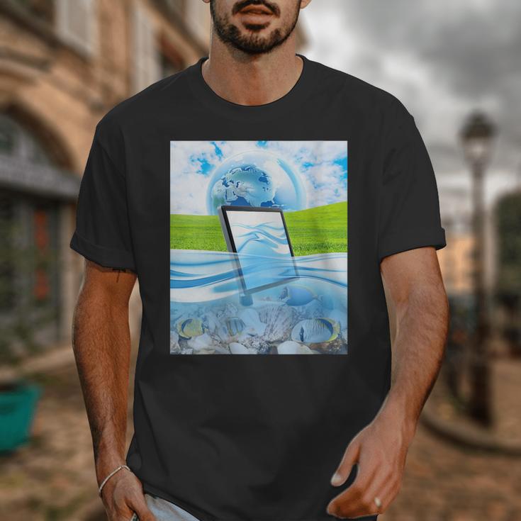 Frutiger Aero Aesthetic Tech Water Fishes Monitor Screen Unisex T-Shirt