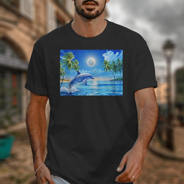 Frutiger Aero Dolphin Sunset Ocean With Palm Trees Y2k Unisex T-Shirt Frutiger Aero Dolphin Sunset Ocean With Palm Trees Y2k Unisex T-Shirt