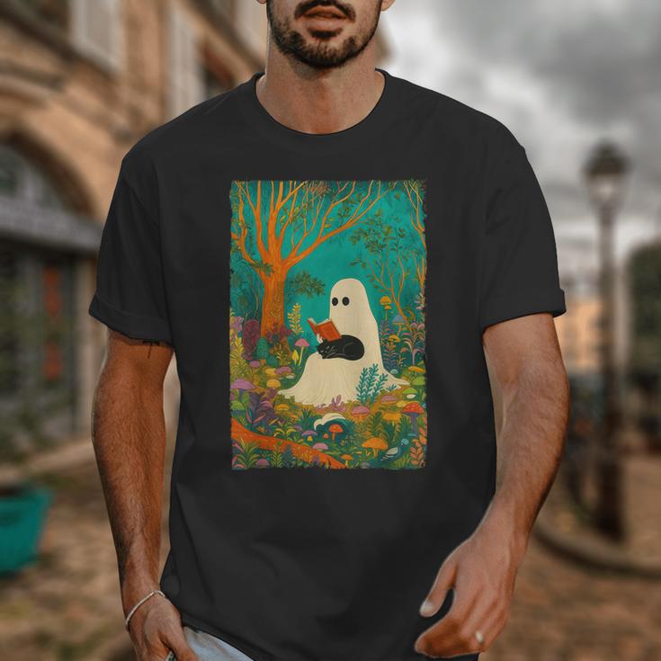 Groovy Ghost Reading Book Cat Halloween Ghost Teacher Unisex T-Shirt