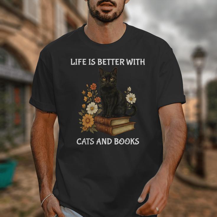 Life Is Better With Cats And Books Cute Cat Lover For Men Women Kids Unisex T-Shirt