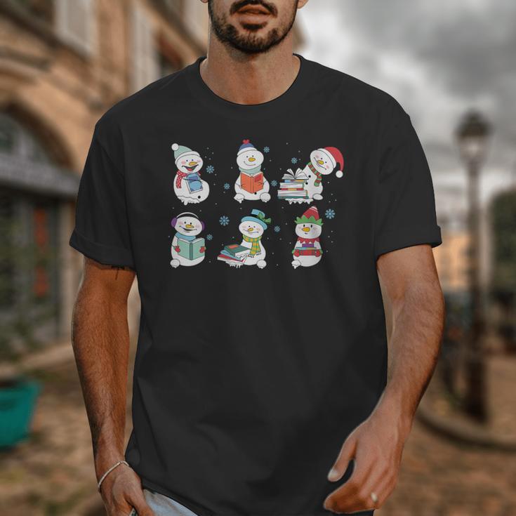 Reading Snowman Christmas Book Lovers Bookworm Librarian Unisex T-Shirt