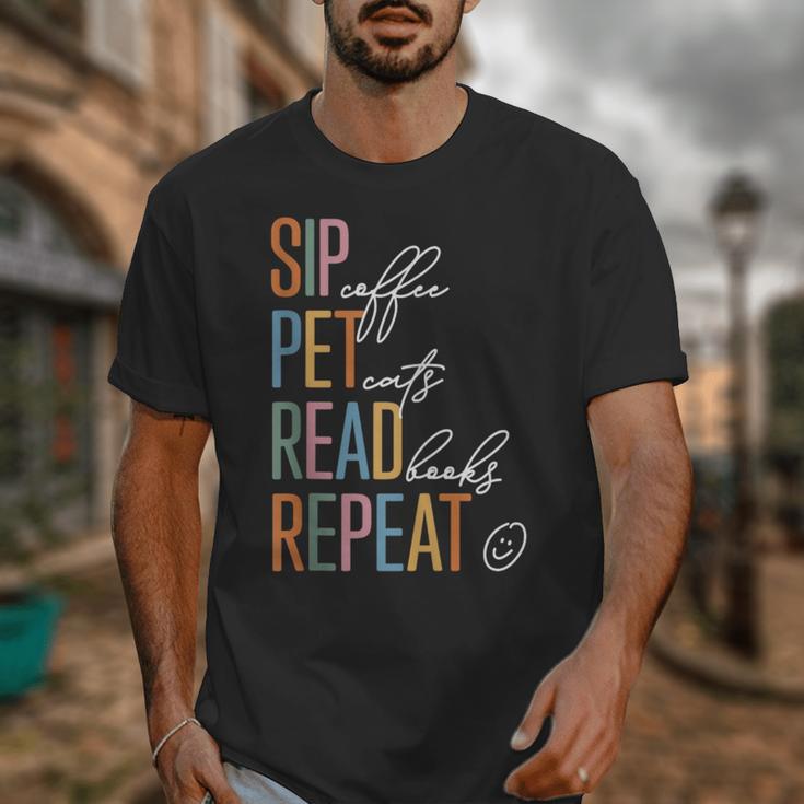Sip Coffee Pet Cats Read Books Repeat Book Cat Lover Unisex T-Shirt Sip Coffee Pet Cats Read Books Repeat Book Cat Lover Unisex T-Shirt