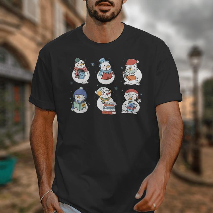 Snowman Reading Book Santa Christmas Bookish Teacher Unisex T-Shirt