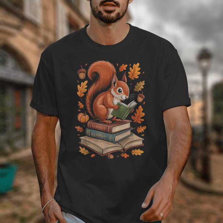 Squirrel Reading Book Lovers Fall Leaves Library Books Unisex T-Shirt