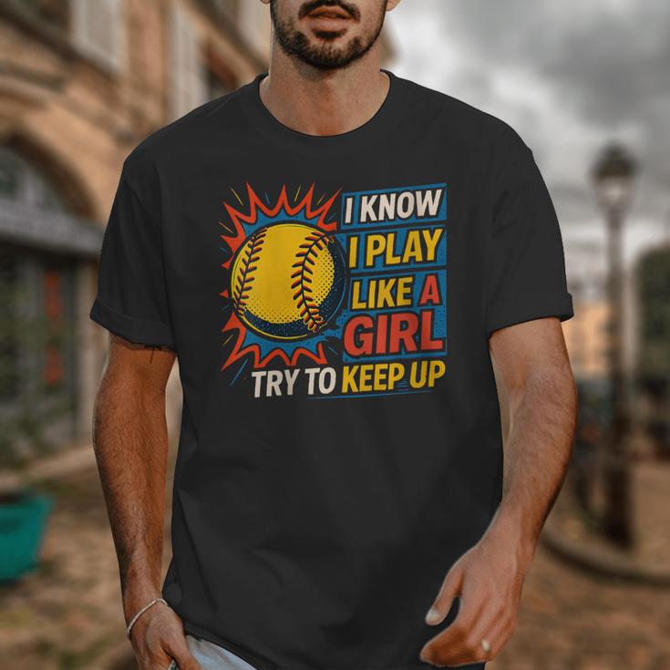 Women's Girls Softball Play Like A Girl Comic Book Pop Art Unisex T-Shirt