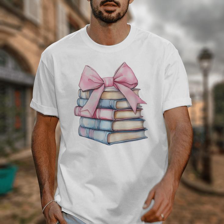 Book Lover Coquette Bow Pink Dainty Ribbon Cute Bookworm Unisex T-Shirt