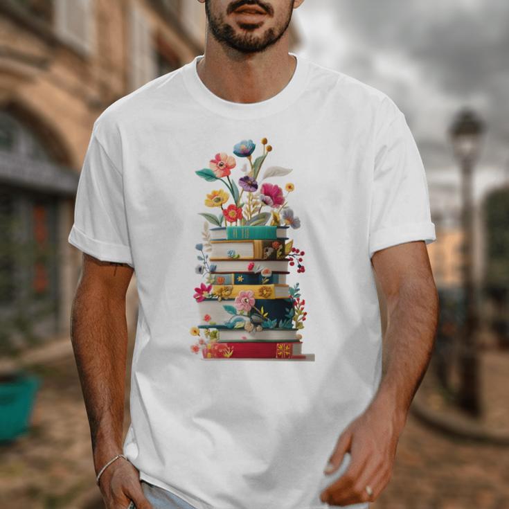 Book Stack With Flowers Reading Lover Bookish Unisex T-Shirt