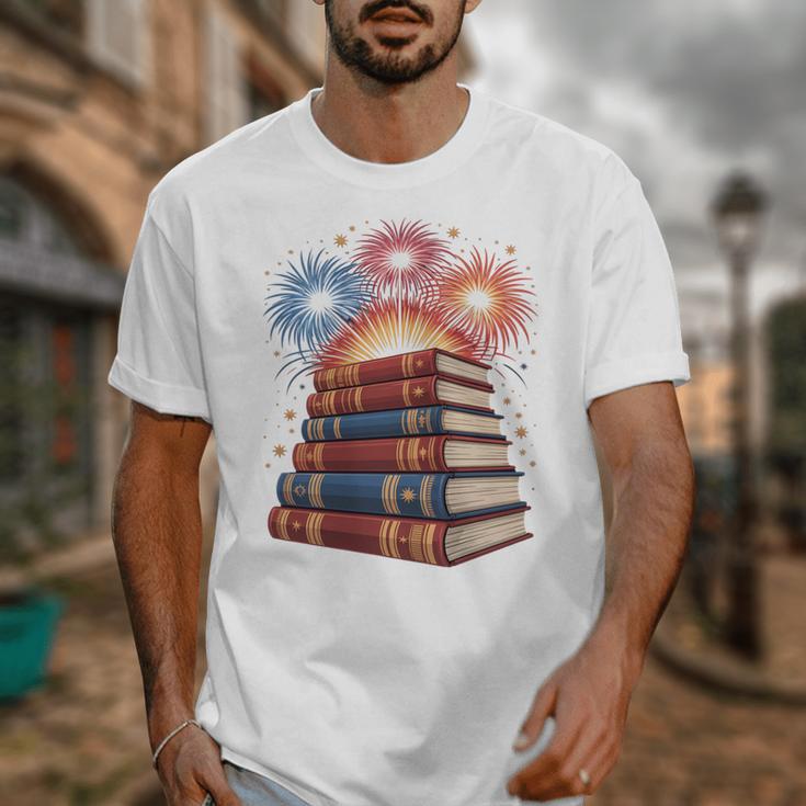 Books Fireworks 4th Of July Bookworm Patriotic Reader Unisex T-Shirt
