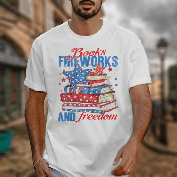 Books Fireworks And Freedom 4th Of July Book Lover Unisex T-Shirt Books Fireworks And Freedom 4th Of July Book Lover Unisex T-Shirt
