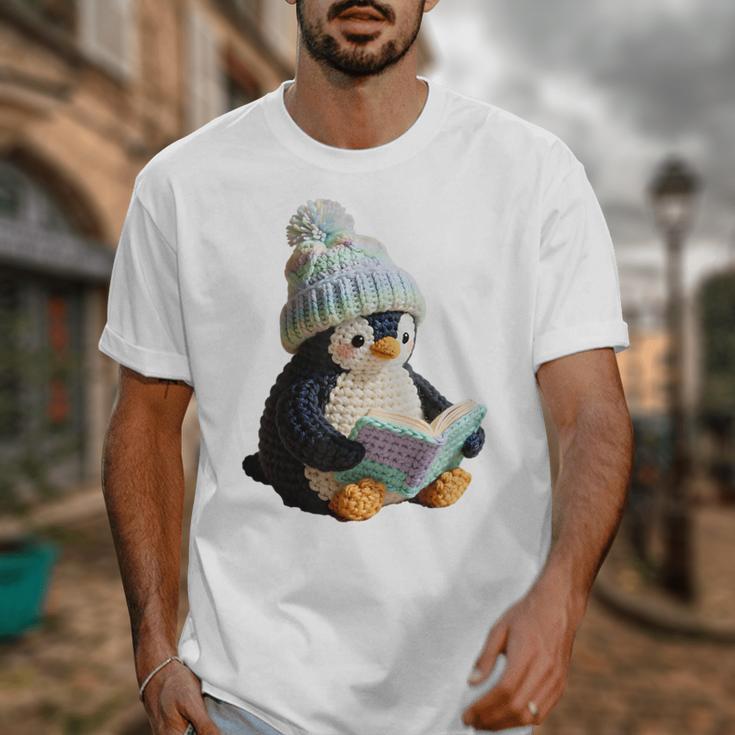 Cute Penguin Reading Book Faux-Crochet Print Unisex T-Shirt Cute Penguin Reading Book Faux-Crochet Print Unisex T-Shirt