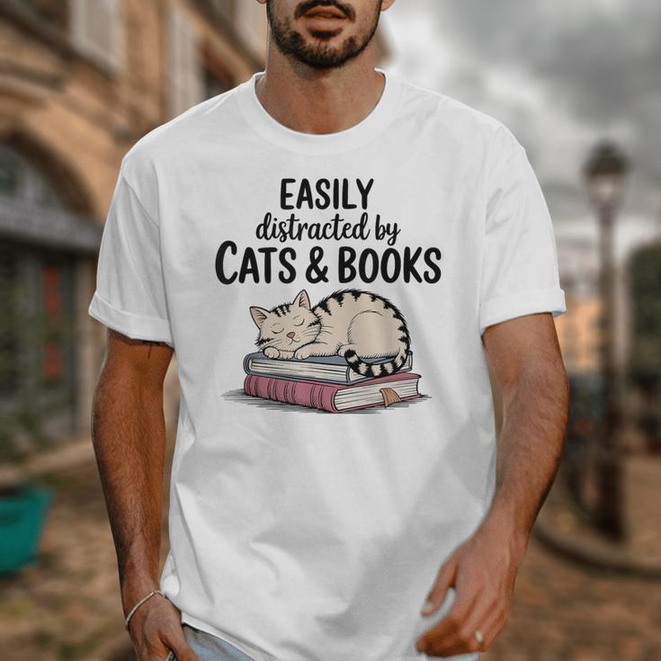 Easily Distracted By Cats And Books Cute Book Lover Unisex T-Shirt Easily Distracted By Cats And Books Cute Book Lover Unisex T-Shirt