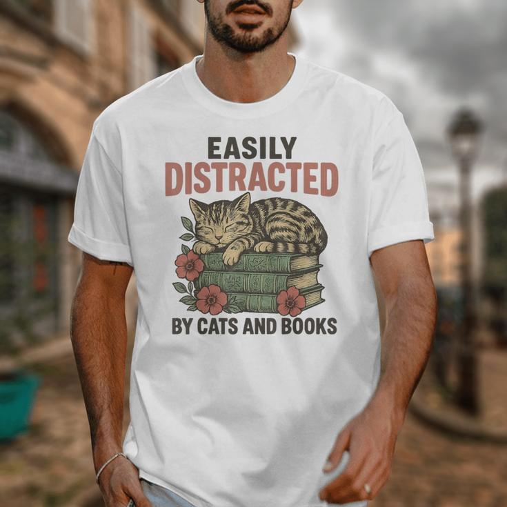 Easily Distracted By Cats And Books Vintage Unisex T-Shirt