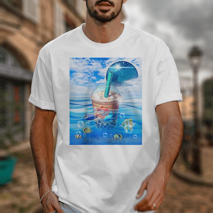 Frutiger Aero Aesthetic Tech Bubble Tea Boba Milktea Fishes Raglan Baseball Tee Unisex T-Shirt Frutiger Aero Aesthetic Tech Bubble Tea Boba Milktea Fishes Raglan Baseball Tee Unisex T-Shirt