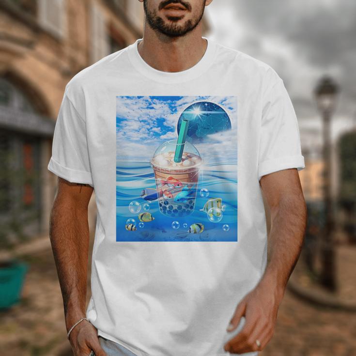 Frutiger Aero Aesthetic Tech Bubble Tea Boba Milktea Fishes Unisex T-Shirt
