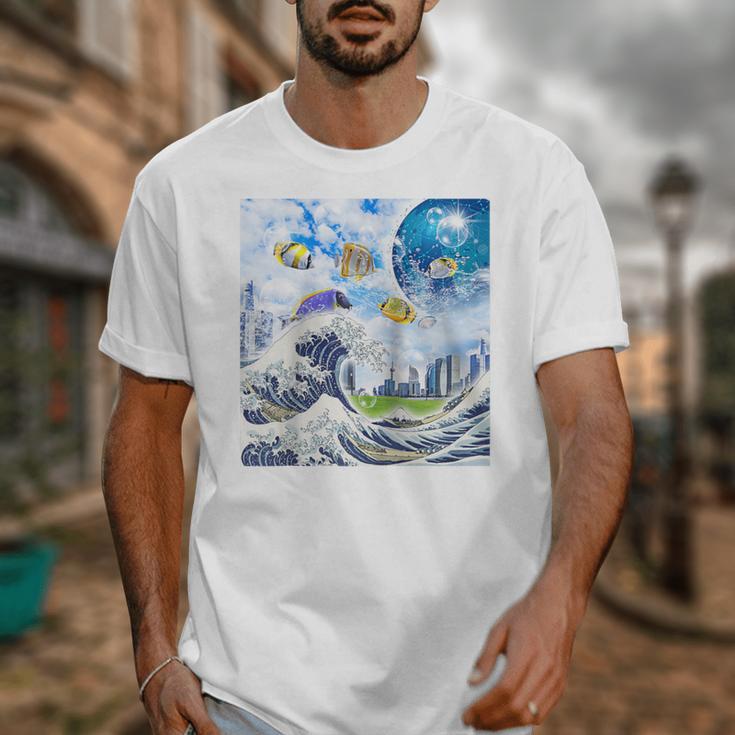Frutiger Aero Aesthetic Tech Great Wave Of Kanagawa Fishes Raglan Baseball Tee Unisex T-Shirt Frutiger Aero Aesthetic Tech Great Wave Of Kanagawa Fishes Raglan Baseball Tee Unisex T-Shirt