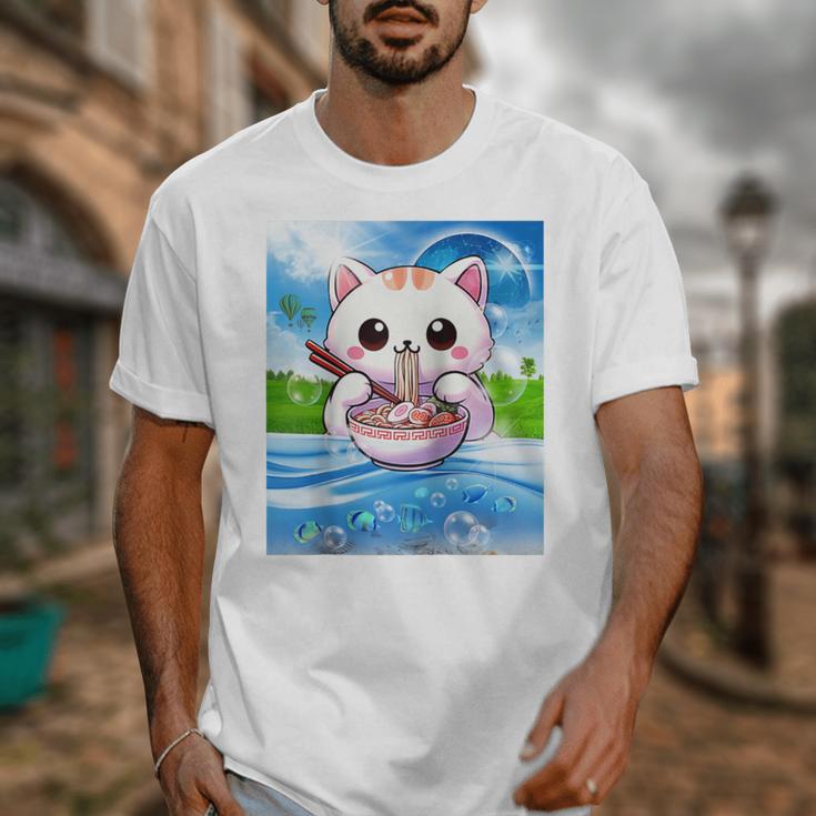 Frutiger Aero Aesthetic Tech Kawaii Ramen Cat Fishes Raglan Baseball Tee Unisex T-Shirt