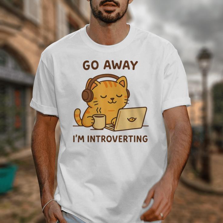 Go Away I'm Introverting Cozy Cat With Laptop And Coffee Unisex T-Shirt Go Away I'm Introverting Cozy Cat With Laptop And Coffee Unisex T-Shirt