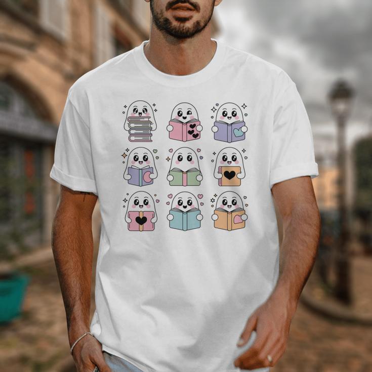 Halloween Ghosts Reading Books Pattern Spooky Kawaii Anime Unisex T-Shirt Halloween Ghosts Reading Books Pattern Spooky Kawaii Anime Unisex T-Shirt